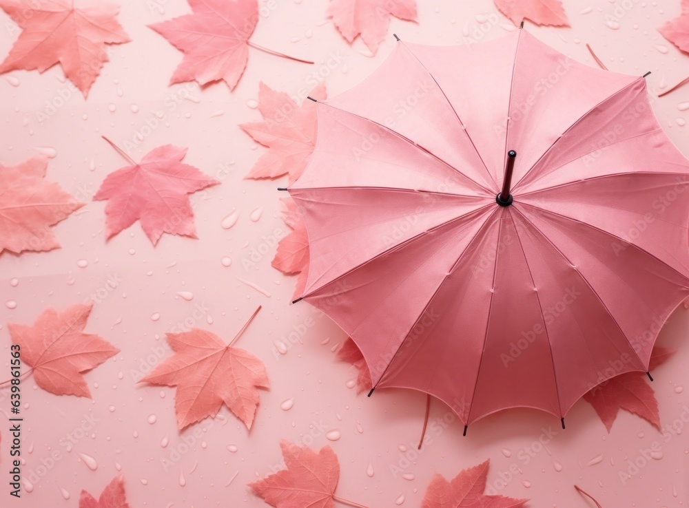 Pink background with autumn leaves and umbrella