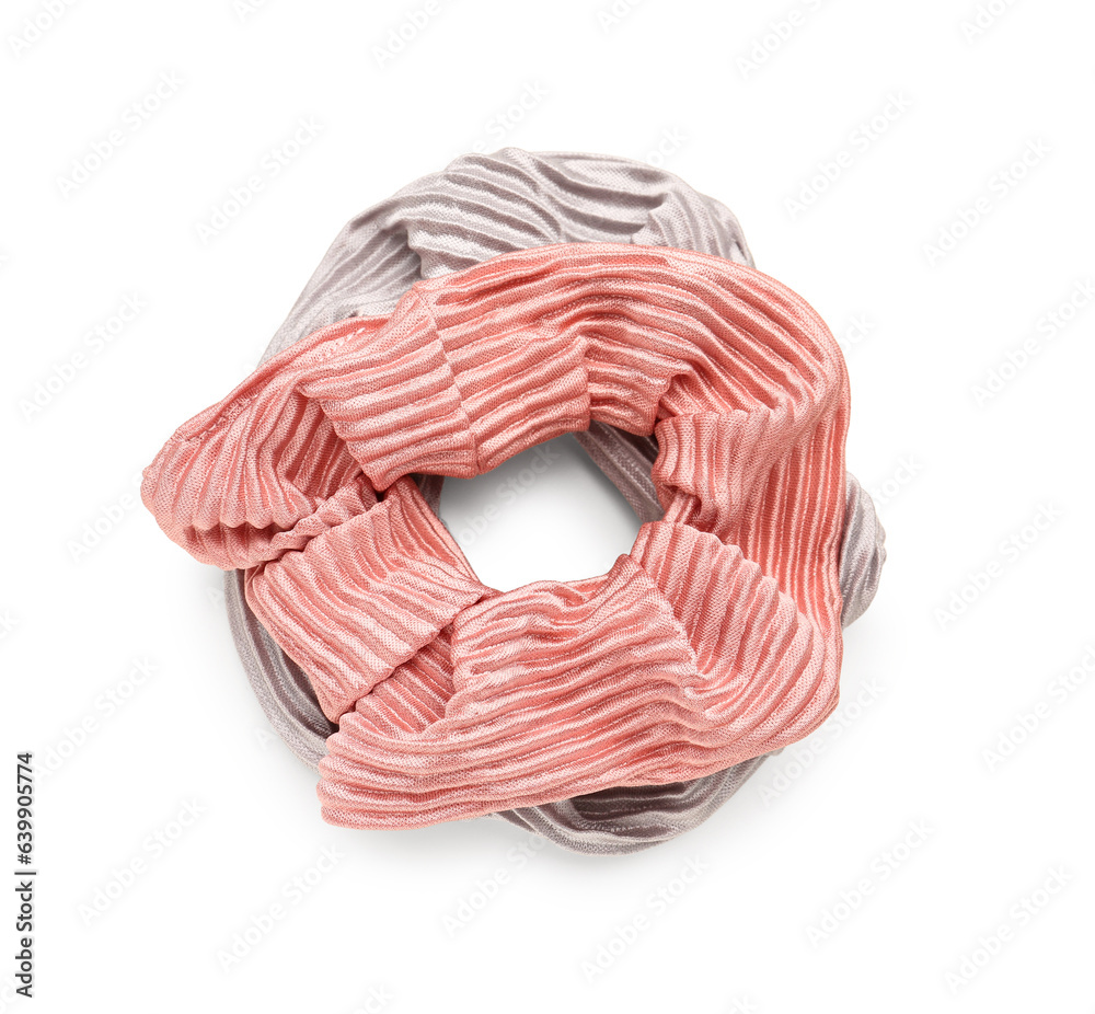 Two stylish scrunchies on white background