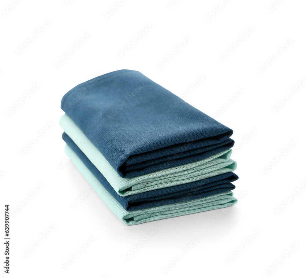 Stack of folded clean napkins on white background