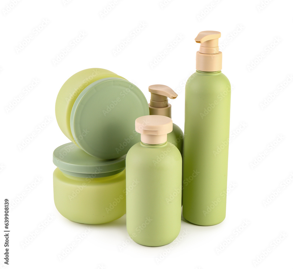 Cosmetic bottles and jars isolated on white background