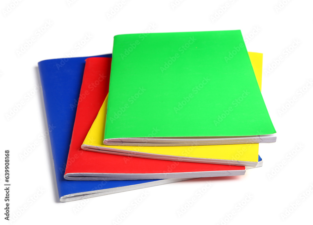 Stack of different colorful notebooks isolated on white background