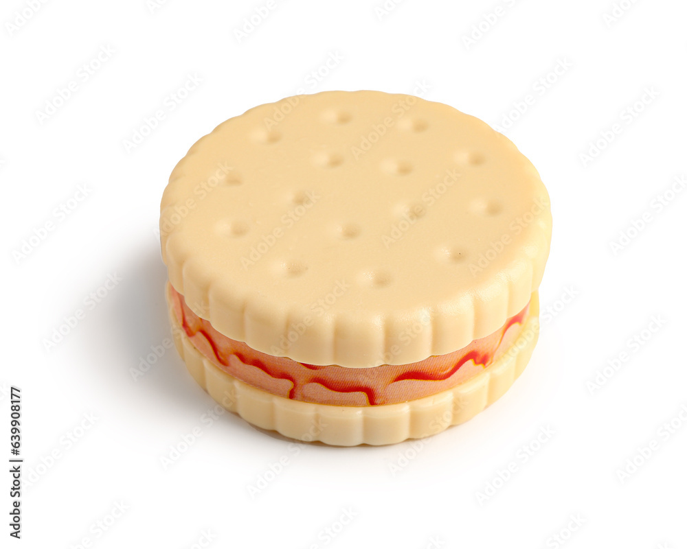 Cute sharpener in shape of cookie on white background