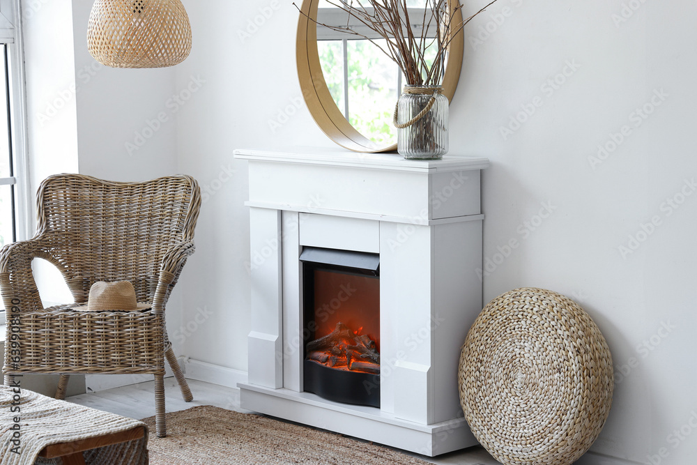 Interior of modern living room with stylish fireplace