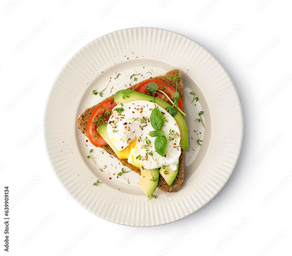 Plate of tasty sandwich with egg on white background