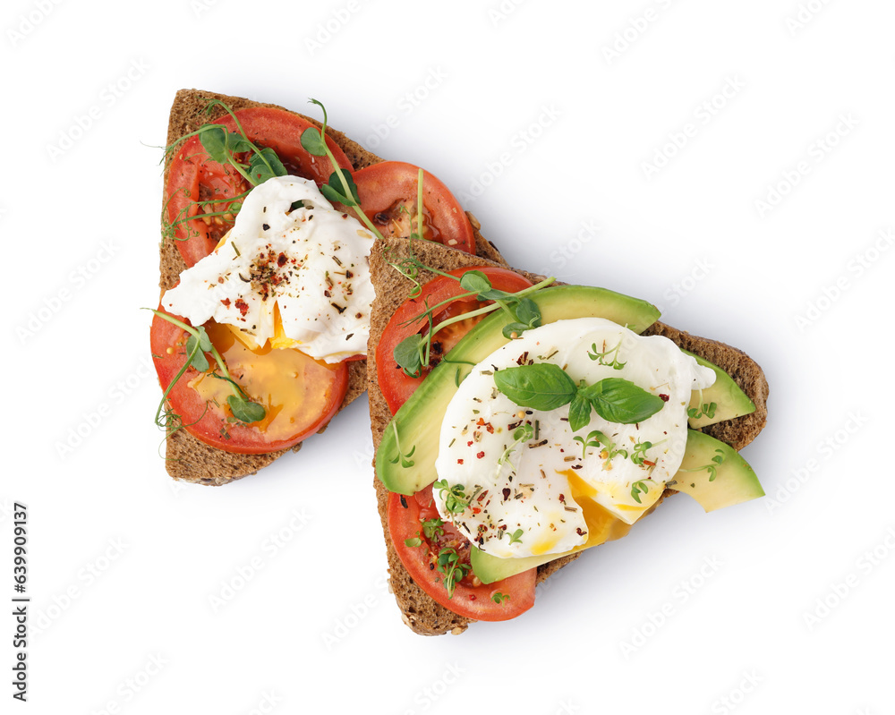 Tasty sandwiches with egg on white background