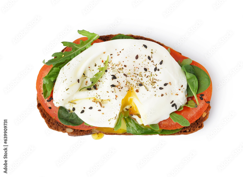 Tasty sandwich with egg on white background