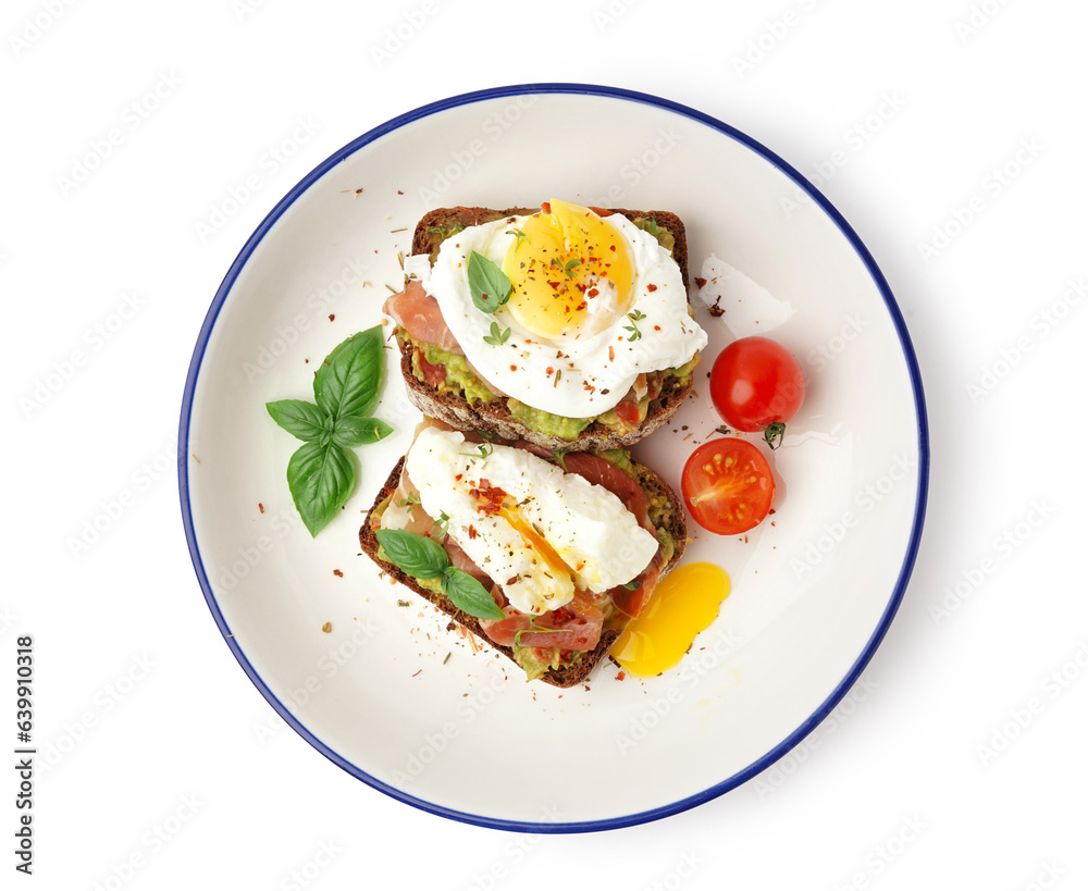 Plate of tasty sandwiches with egg on white background