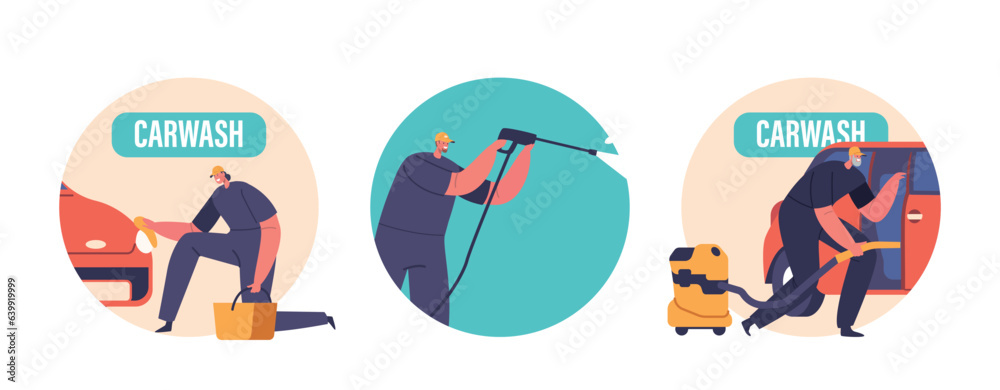 Car Wash Service Isolated Round Icons Or Avatars. Cleaning Company Employees Lathering Automobile Ve