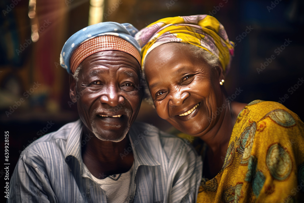 african elderly couple feeling happy smiling and looking to camera while relax in living room at hom