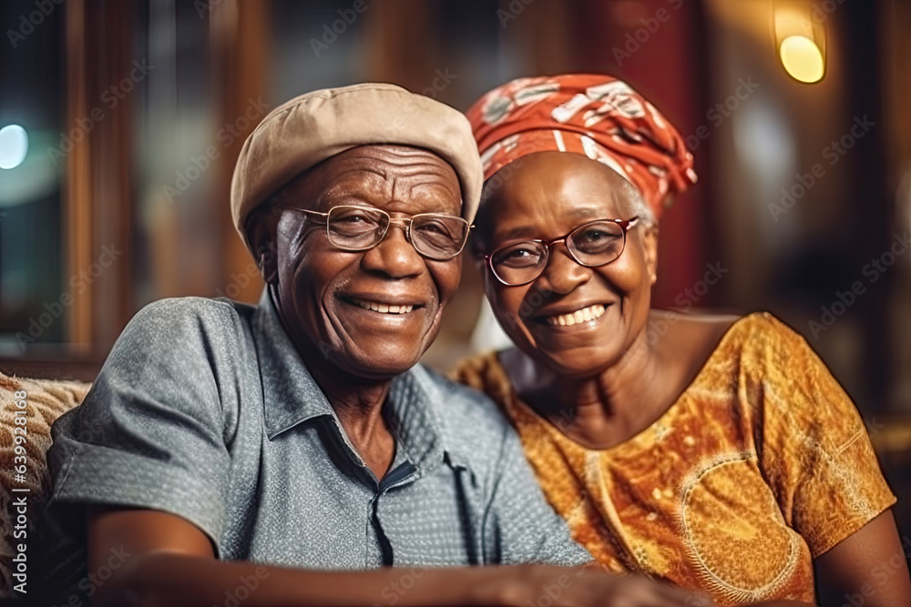 african elderly couple feeling happy smiling and looking to camera while relax in living room at hom