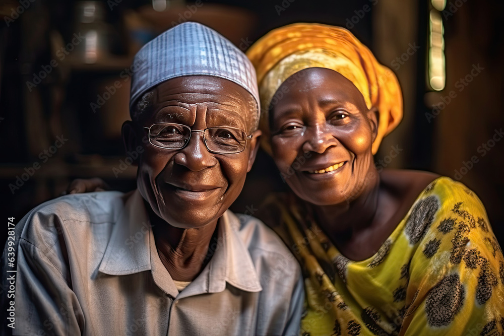 african elderly couple feeling happy smiling and looking to camera while relax in living room at hom