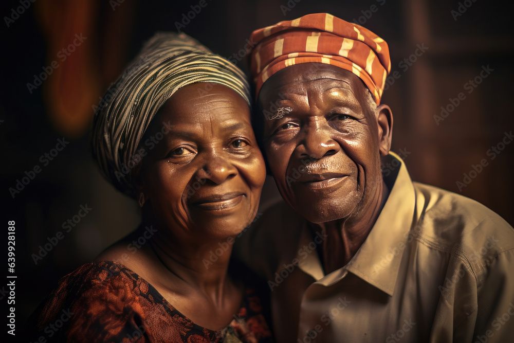 african elderly couple feeling happy smiling and looking to camera while relax in living room at hom