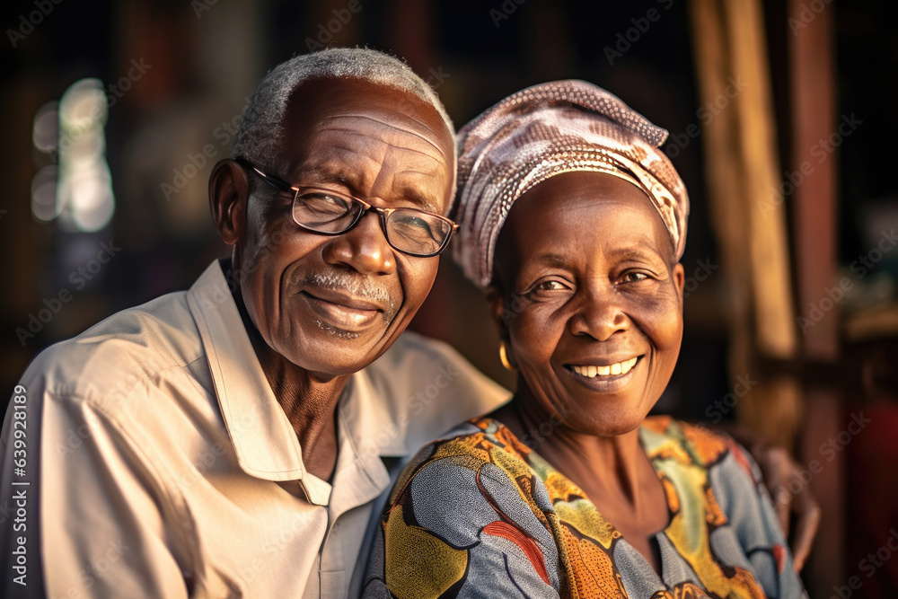 african elderly couple feeling happy smiling and looking to camera while relax in living room at hom