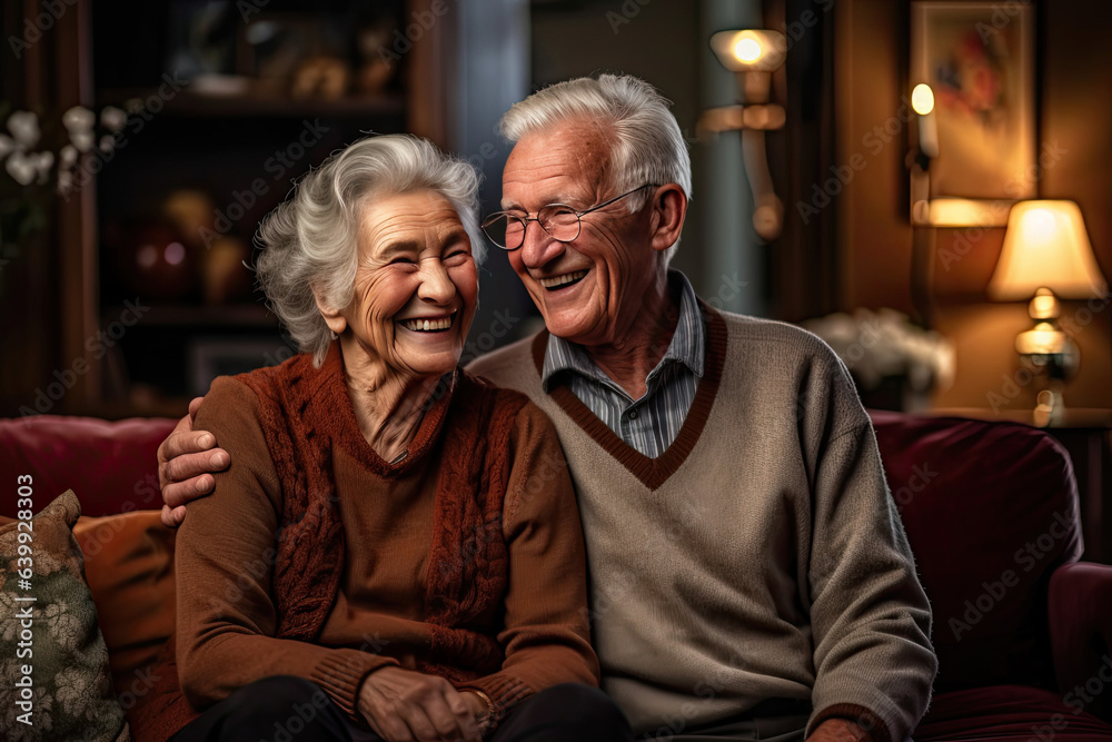 elderly couple feeling happy smiling and looking to camera while relax in living room at home.