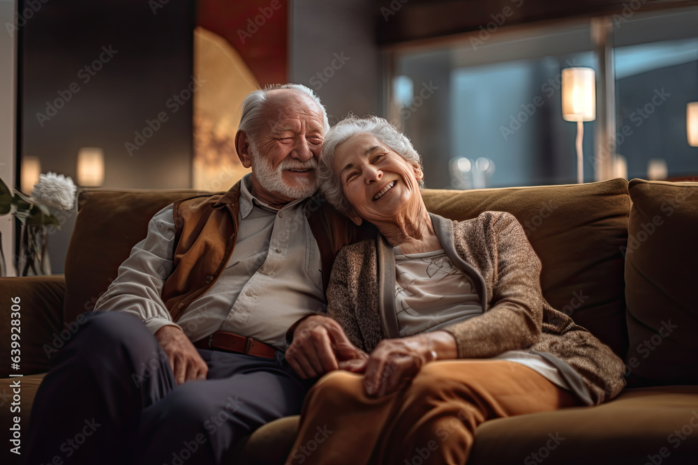 elderly couple feeling happy smiling and looking to camera while relax in living room at home.