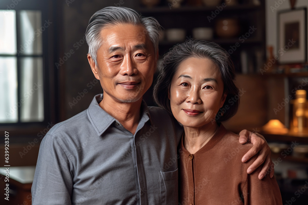 Asian elderly couple feeling happy smiling and looking to camera  in living room at home. Generative