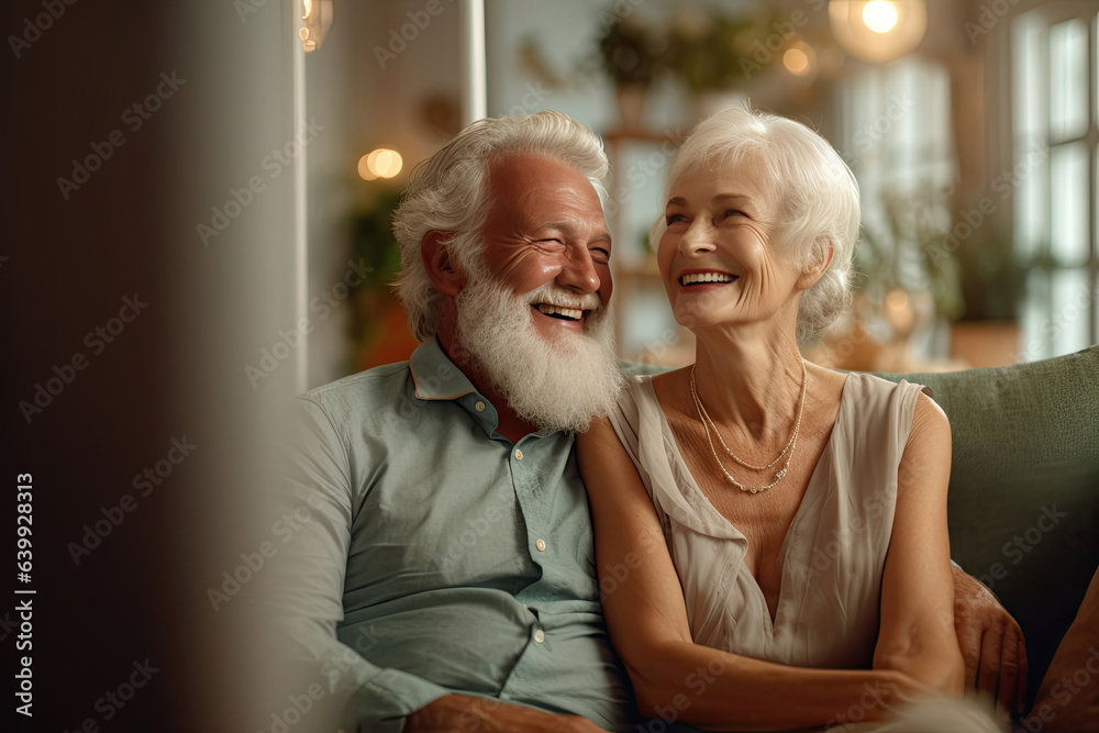 elderly couple feeling happy smiling and looking to camera while relax in living room at home.