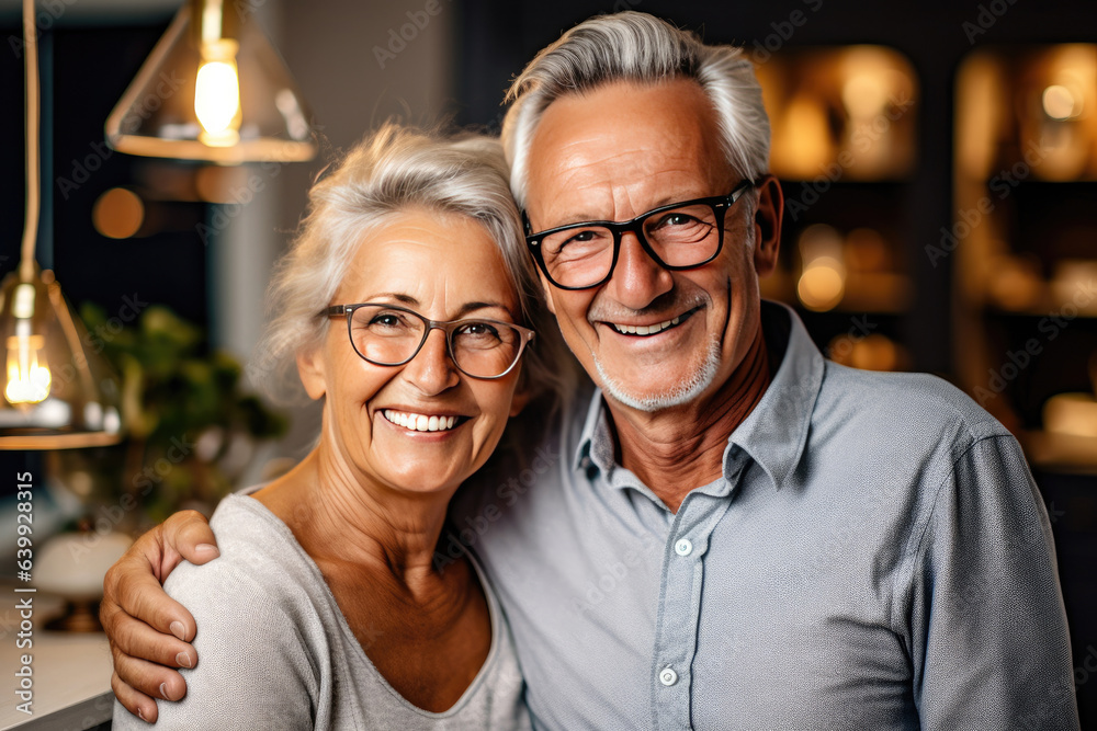 elderly couple feeling happy smiling and looking to camera while relax in living room at home.