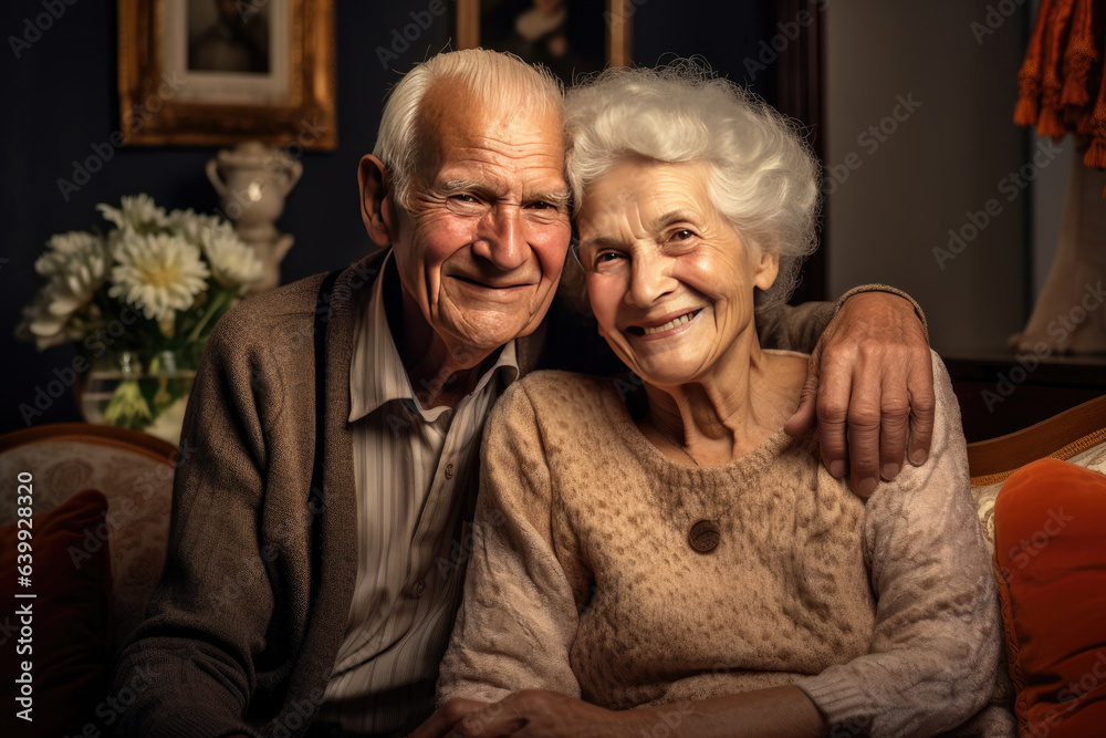 elderly couple feeling happy smiling and looking to camera while relax in living room at home.