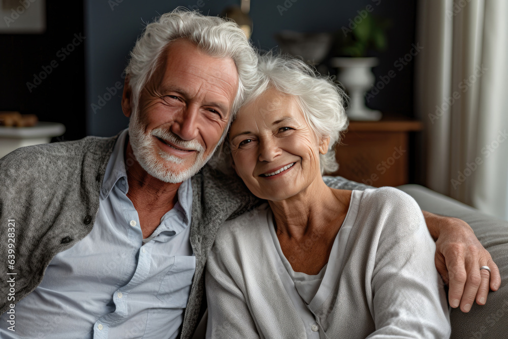 elderly couple feeling happy smiling and looking to camera while relax in living room at home.