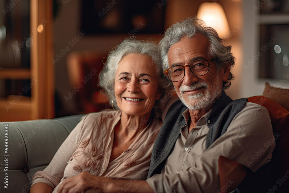 elderly couple feeling happy smiling and looking to camera while relax in living room at home.