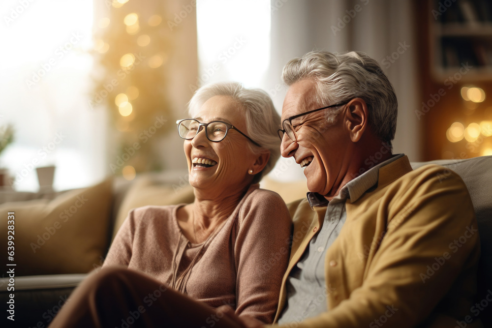 elderly couple feeling happy smiling and looking to camera while relax in living room at home.