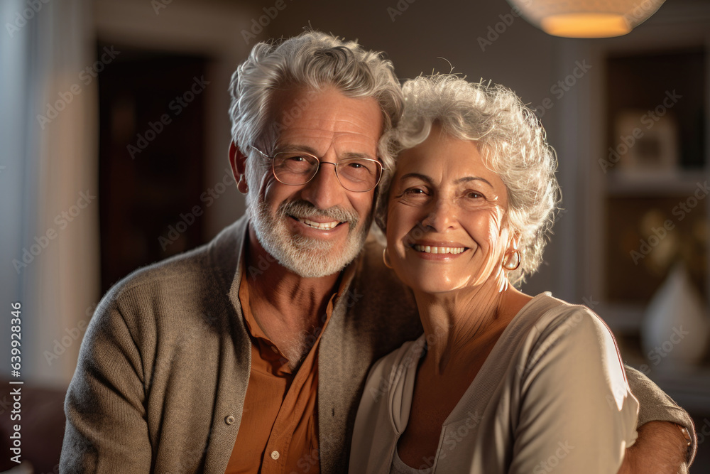 elderly couple feeling happy smiling and looking to camera while relax in living room at home.