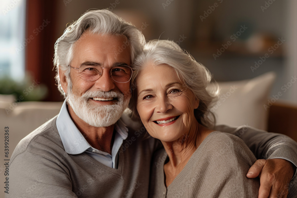 elderly couple feeling happy smiling and looking to camera while relax in living room at home.