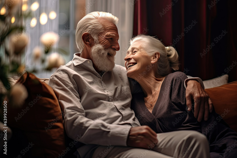 Senior couple feeling enjoy on the sofa in living room at home. Generative Ai