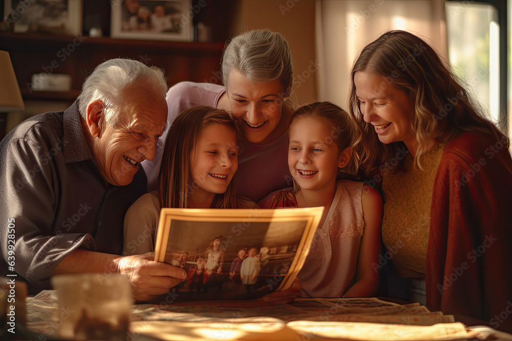 Grandparents, happy big family with their granddaughters and parents, browse family photo albums and