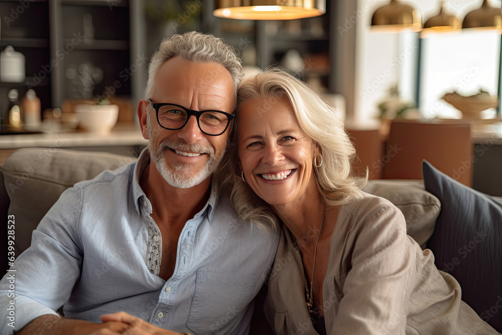 Senior couple feeling happy smiling and looking to camera while relax in living room at home. Genera