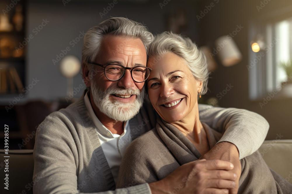 Senior couple feeling happy smiling and looking to camera while relax in living room at home. Genera