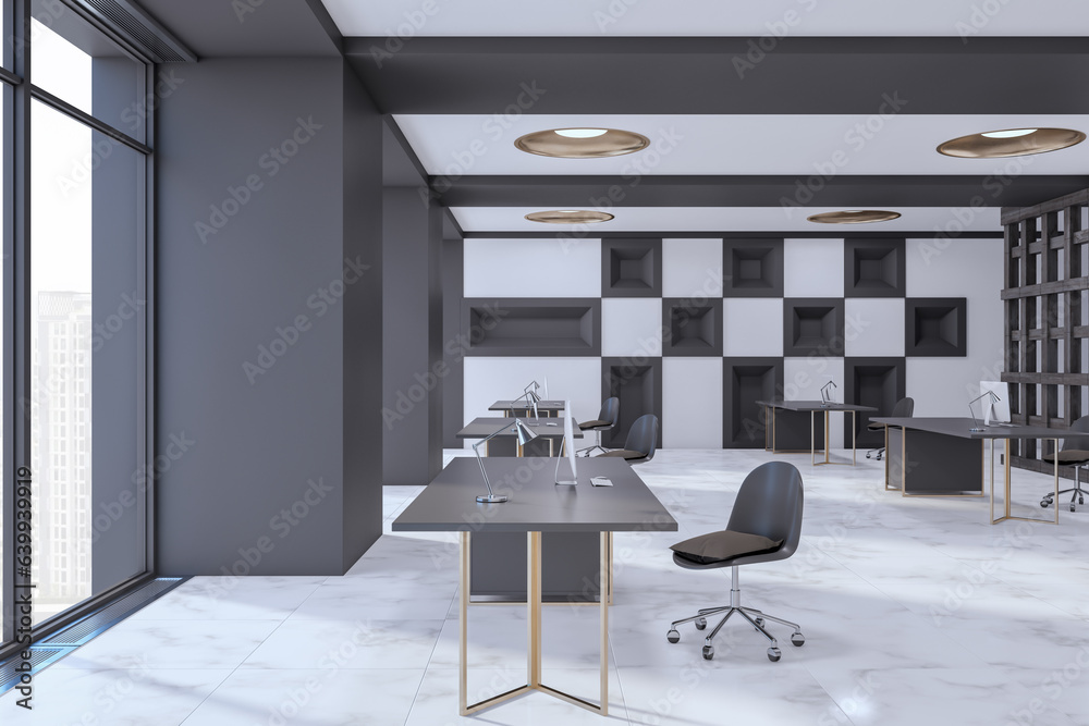 Modern designer office interior with furniture and equipment. 3D Rendering.