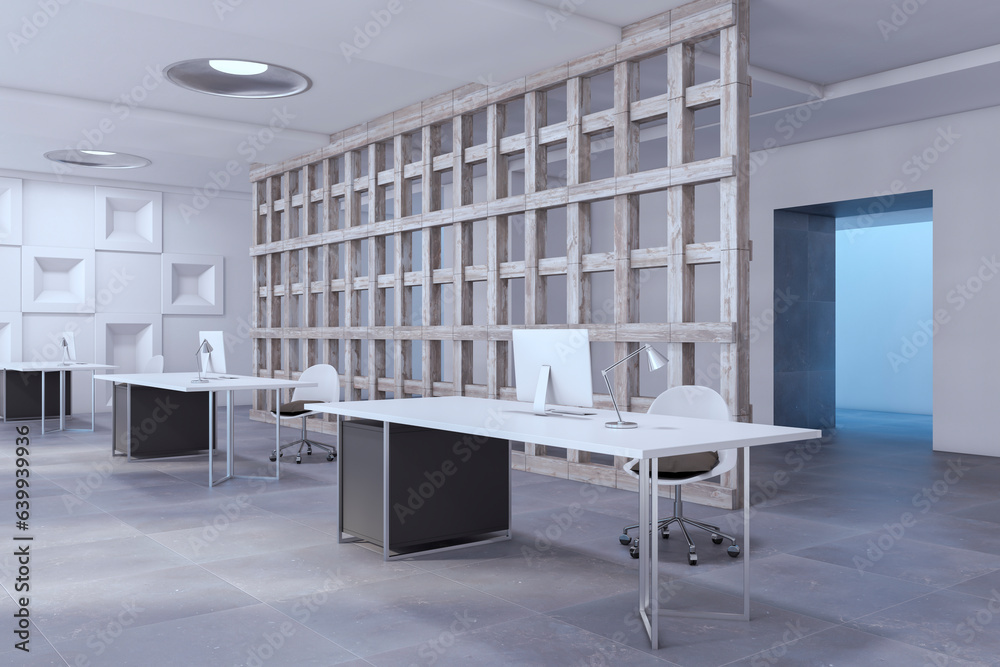 Concrete designer office interior with furniture and equipment. 3D Rendering.