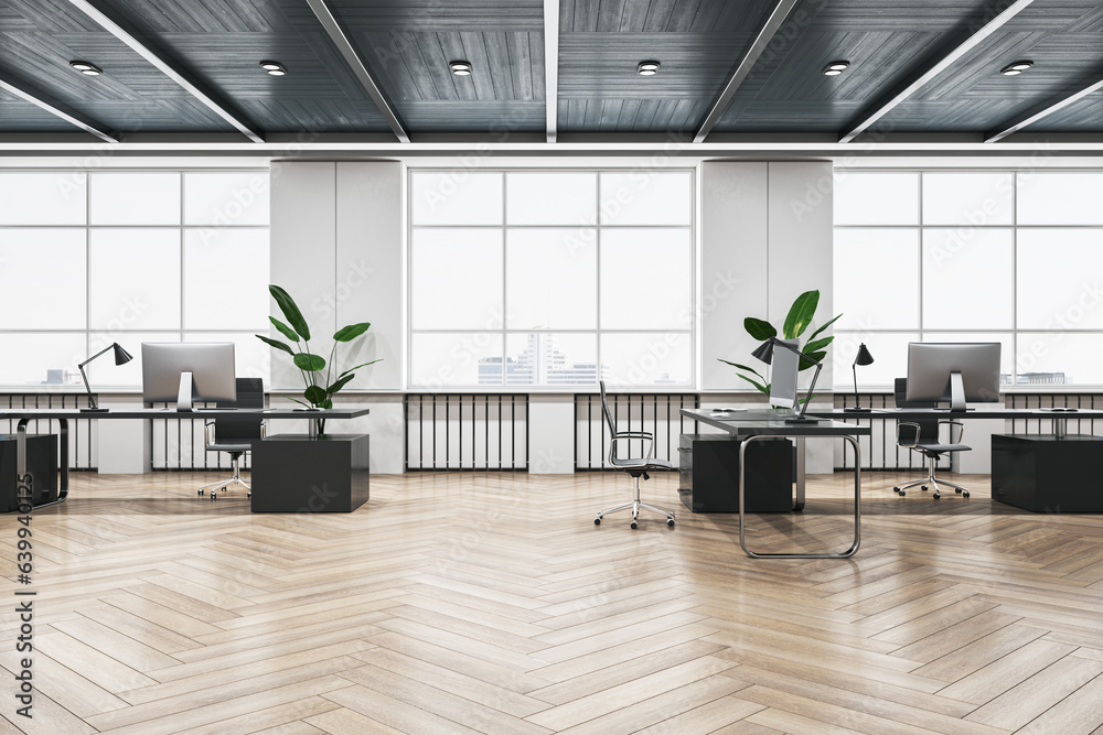 Modern coworking office interior with wooden flooring and window with city view. 3D Rendering.