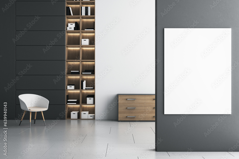 Modern concrete and wooden living room interior with blank white mock up poster on wall, bookcase, f