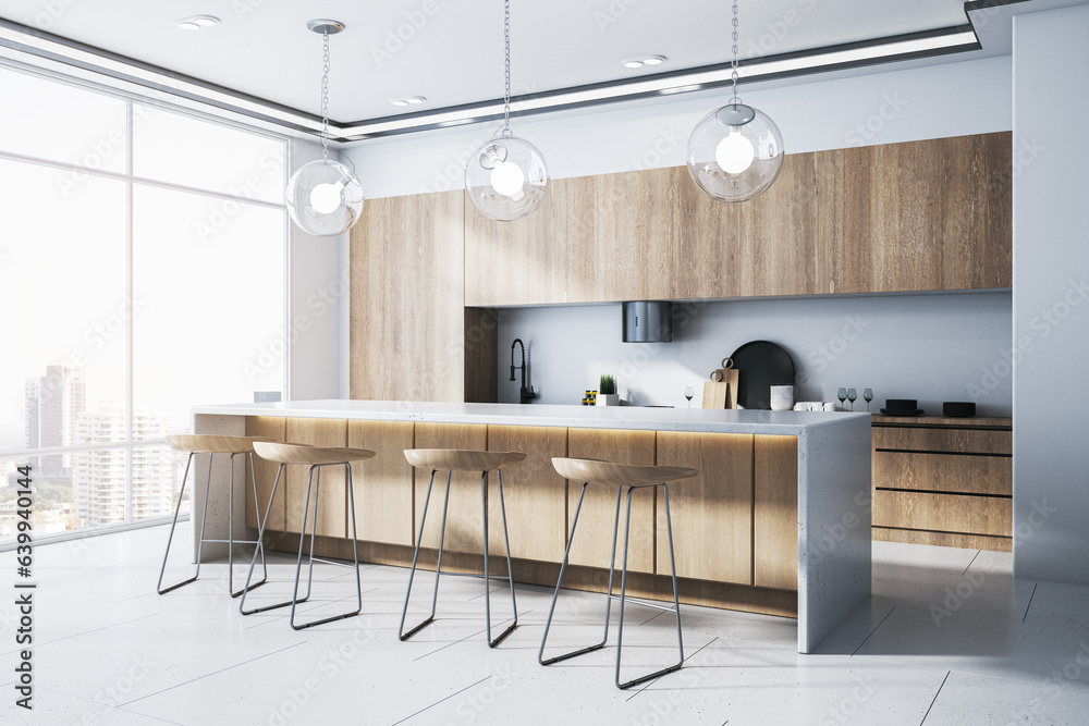 Luxury wooden kitchen interior with equipment, window with city view and daylight. 3D Rendering.