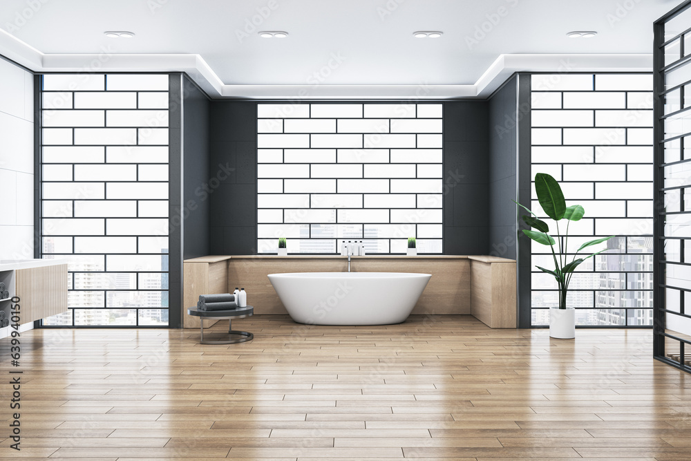 Modern bathroom interior with bathtub, abstract windows and reflections on wooden flooring. 3D Rende