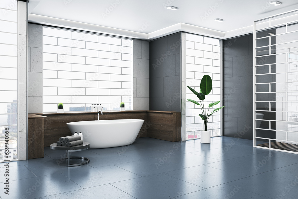 Clean bathroom interior with bathtub, abstract windows and reflections on concrete flooring. 3D Rend