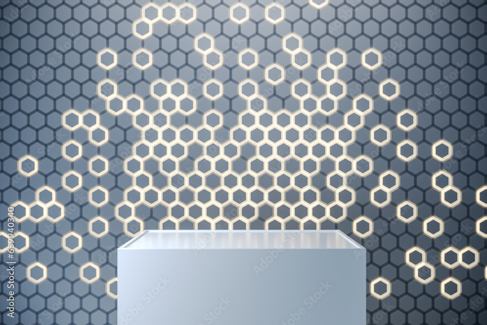 Empty pedestal with mock up place on gray hexagonal background. Creative presentation concept. 3D Re