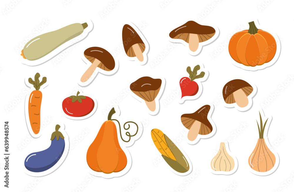 Autumn Harvest Colorful Sticker Collection. Cute Cartoon Vegetables and Mushrooms. Harvest and Fall 