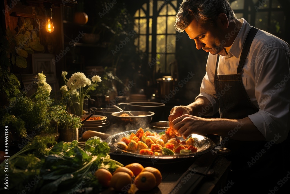 Male chef prepares a delicious, healthy dish