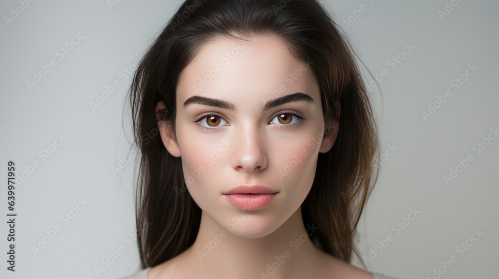 Serene Simplicity: A Captivating Close-Up of a Young Woman Against a Blank Canvas