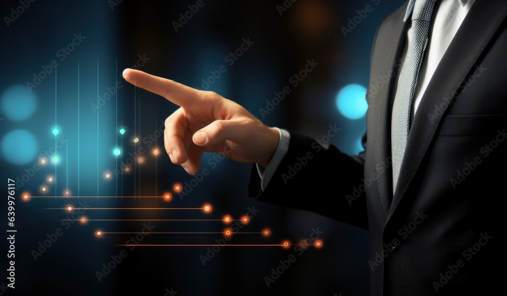 businessman touching down a graph on a flat screen