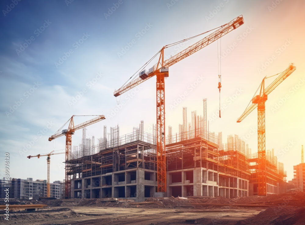 Construction site with cranes on top of buildings