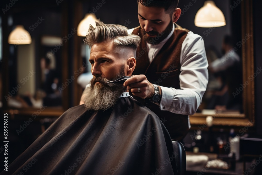 A hairdresser with a beard in a black coat cuts a clients hair