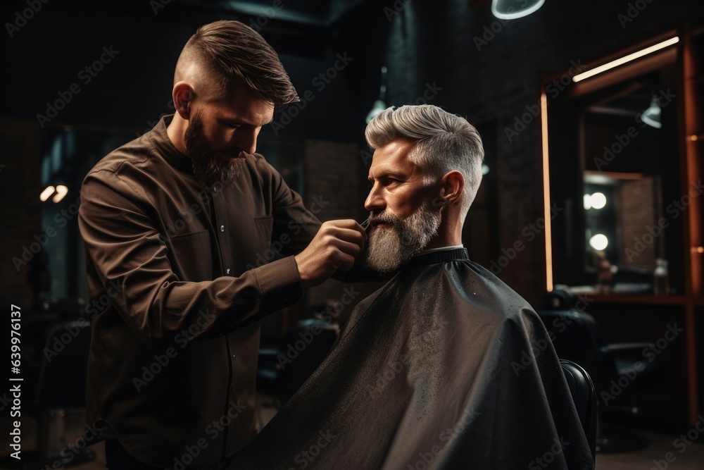 A hairdresser with a beard in a black coat cuts a clients hair