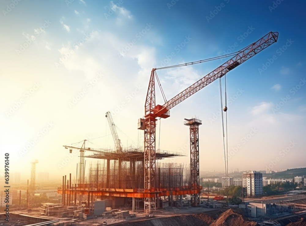 Construction site with cranes on top of buildings