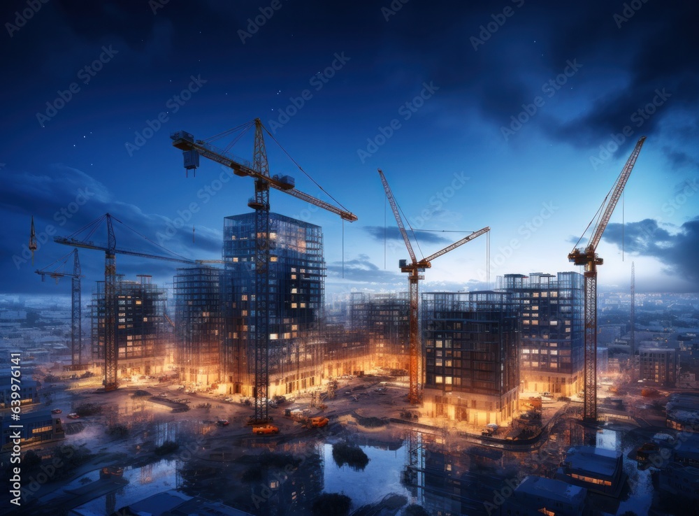 Construction site with cranes on top of buildings