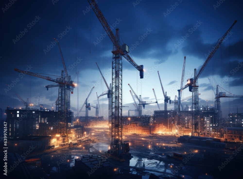 Construction site with cranes on top of buildings